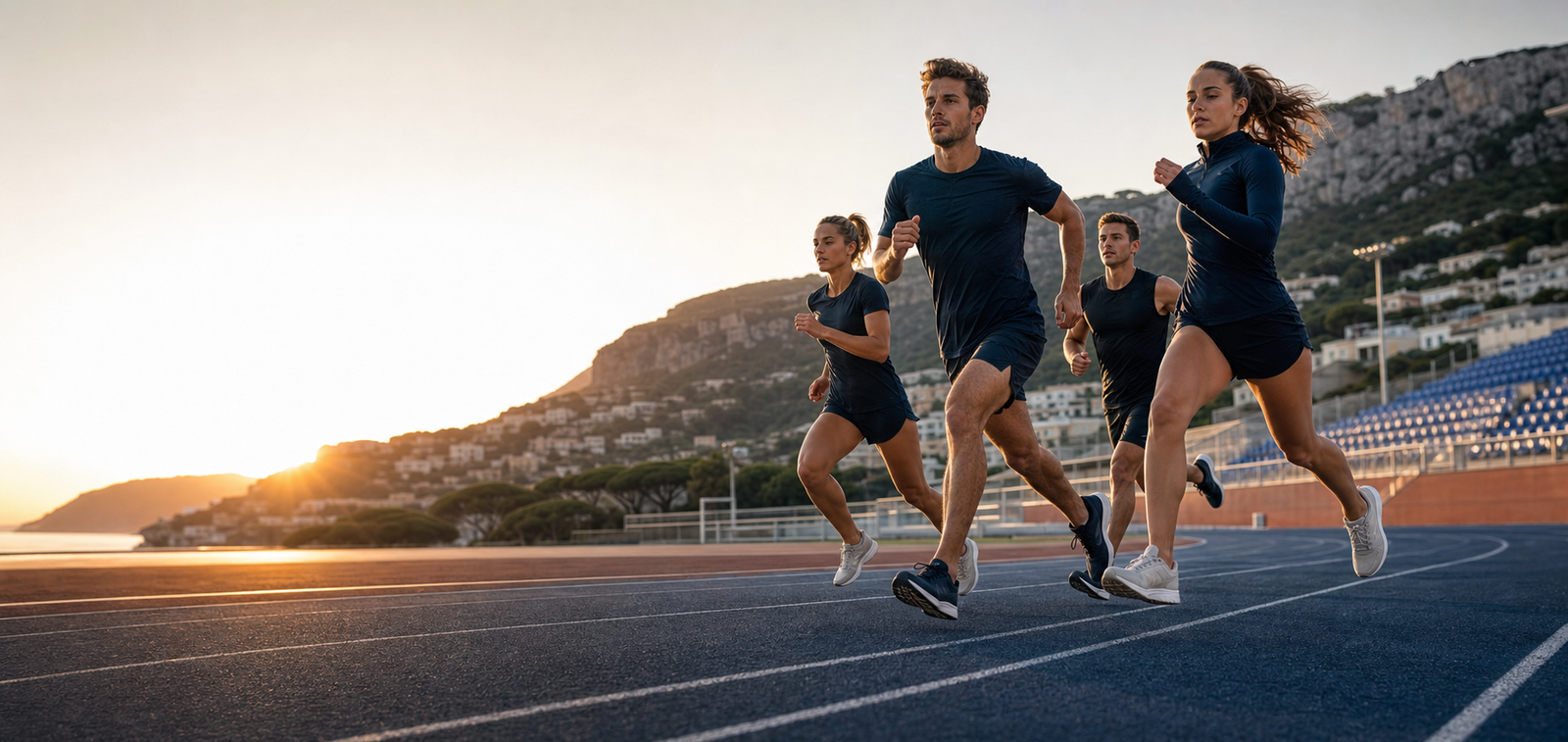 Atletas entrenando juntos en una pista al amanecer